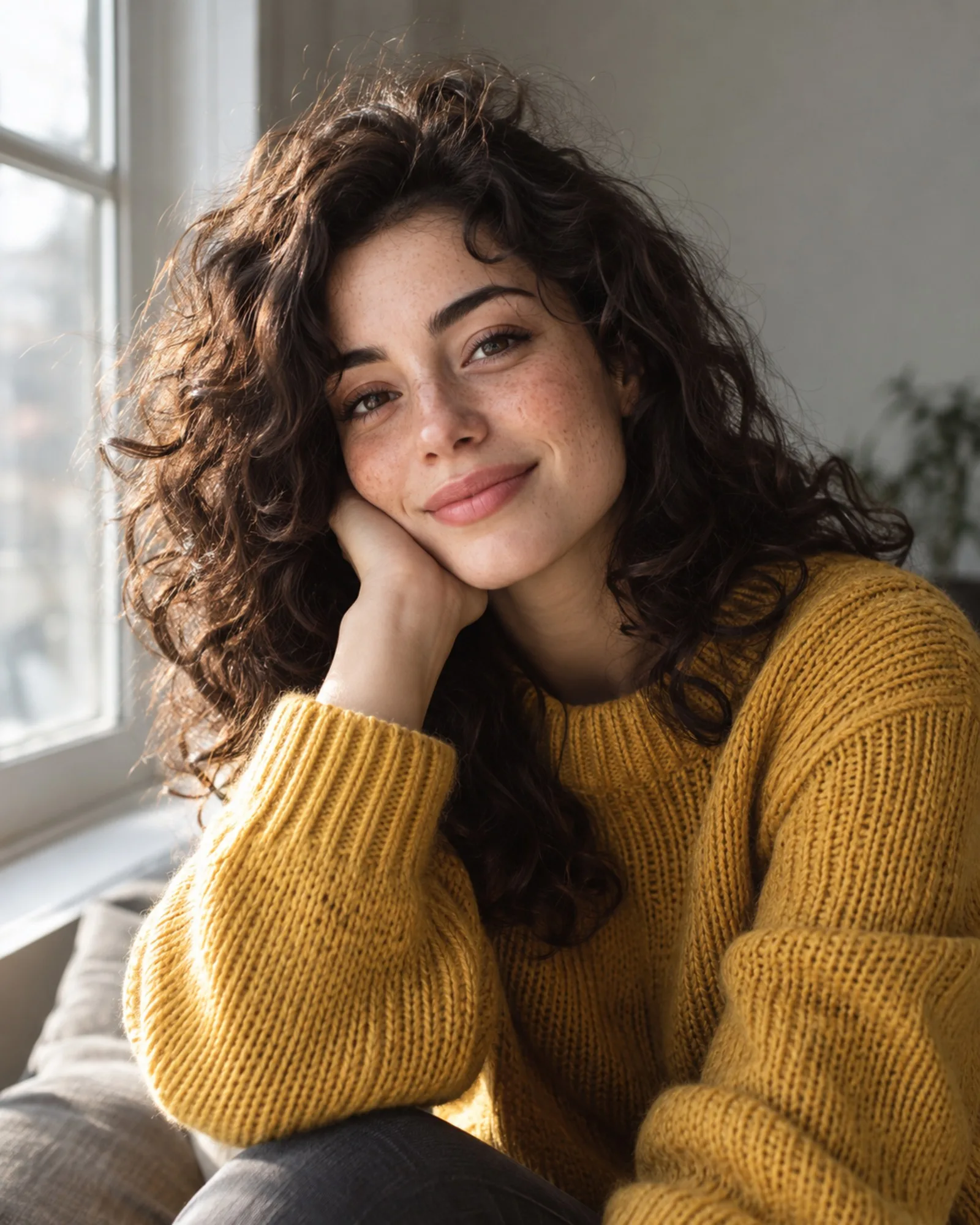 Original portrait of a woman with curly hair by a window