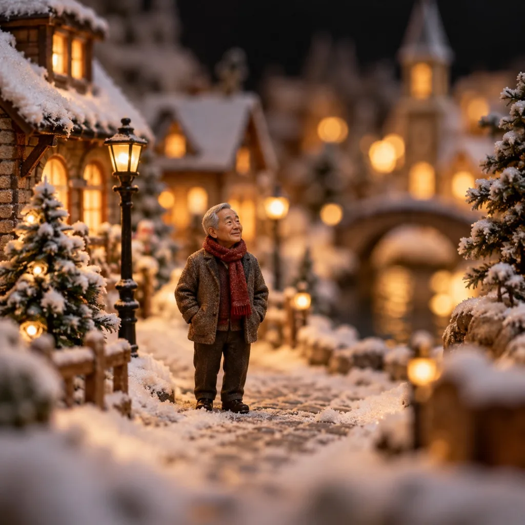 Become a collectible figure in a snowy Christmas village.