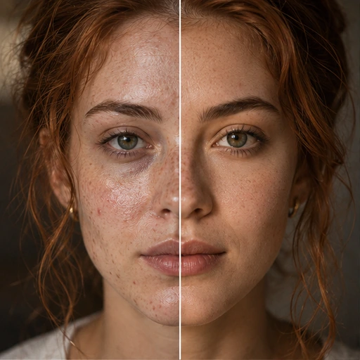 Clear blemishes and even skin tone while keeping real texture.